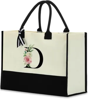 Monogrammed Tote Bags Floral Letter Initial Bag Personalized Beach Bag Monogrammed Gifts for Women Bridesmaids Wedding