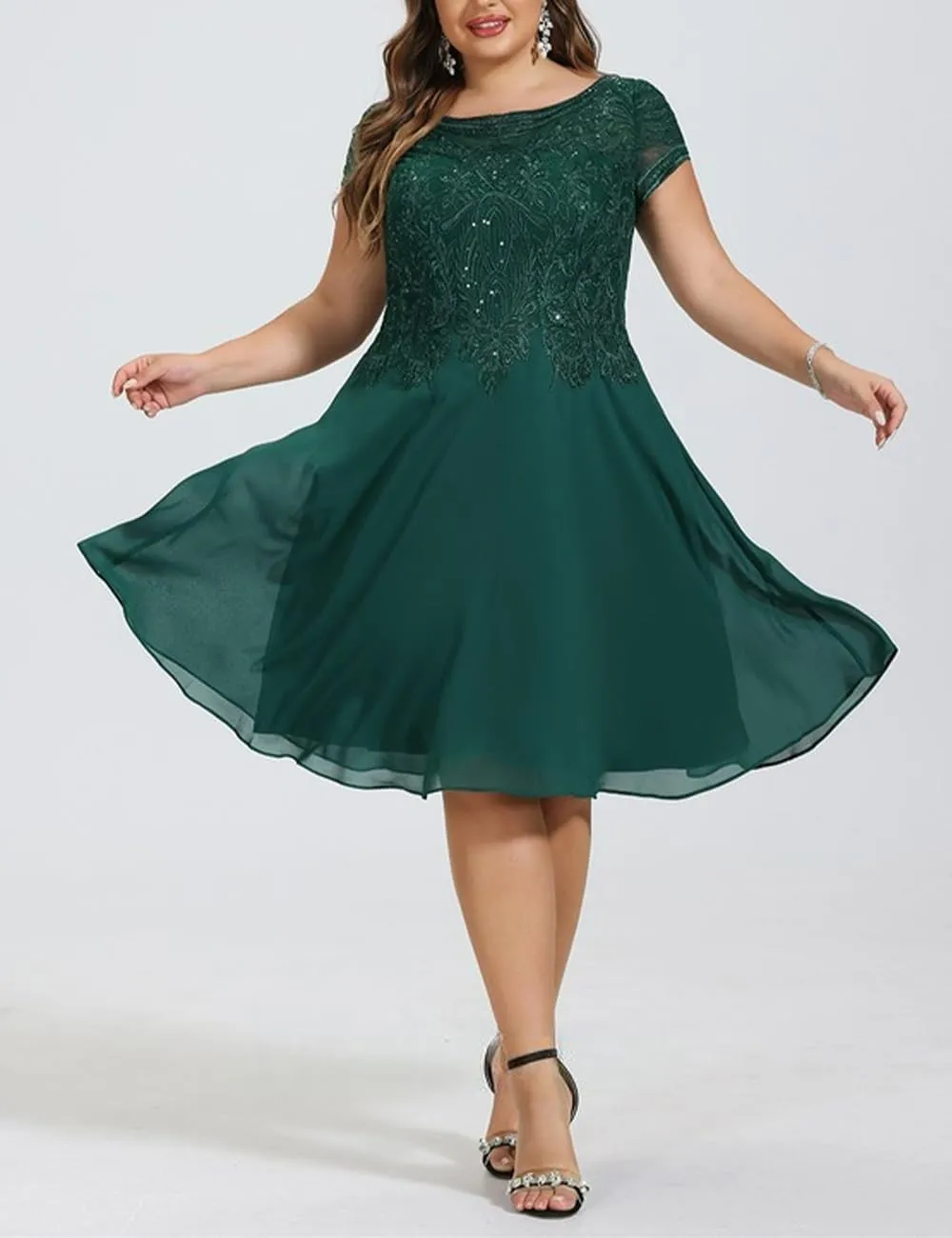 Mother of Bride Dresses Short Sleeve Lace Chiffon 2024 A-Line Scoop Formal Dress Knee-Length Cocktail Dress with Sequins RO63