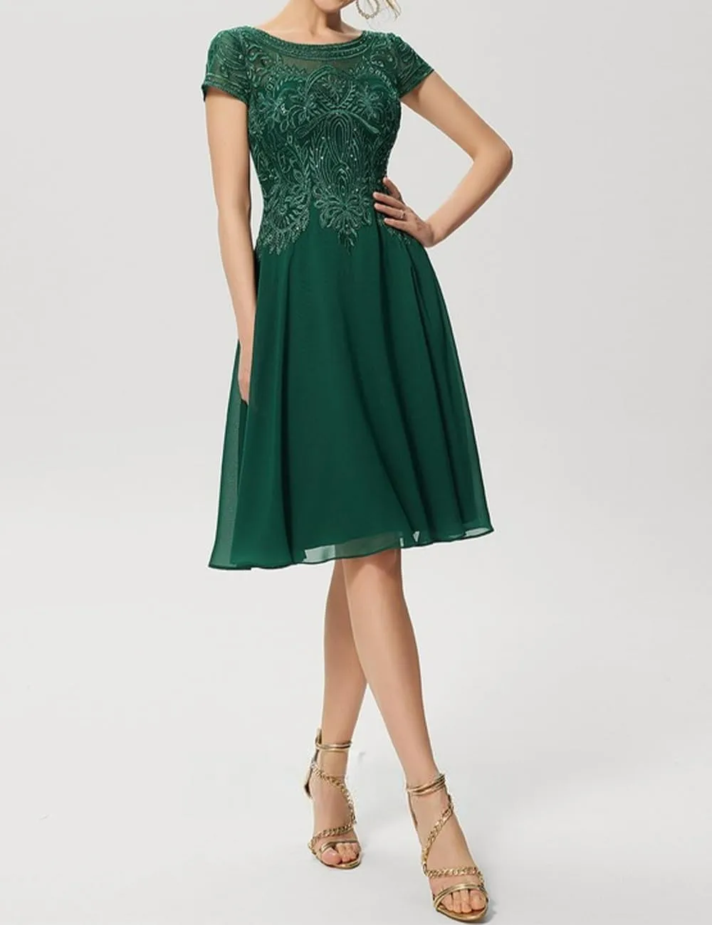 Mother of Bride Dresses Short Sleeve Lace Chiffon 2024 A-Line Scoop Formal Dress Knee-Length Cocktail Dress with Sequins RO63