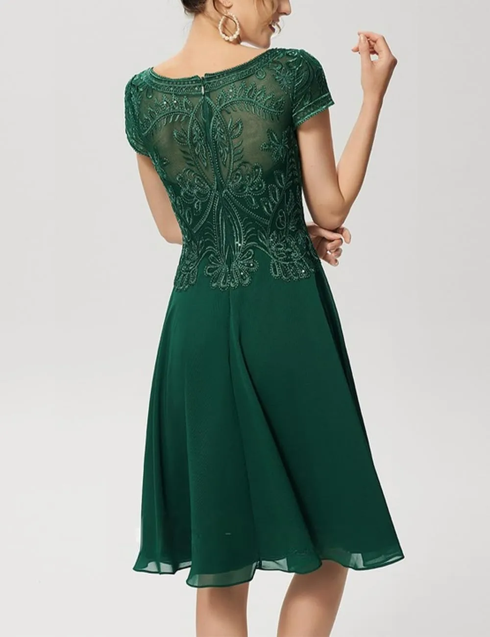 Mother of Bride Dresses Short Sleeve Lace Chiffon 2024 A-Line Scoop Formal Dress Knee-Length Cocktail Dress with Sequins RO63
