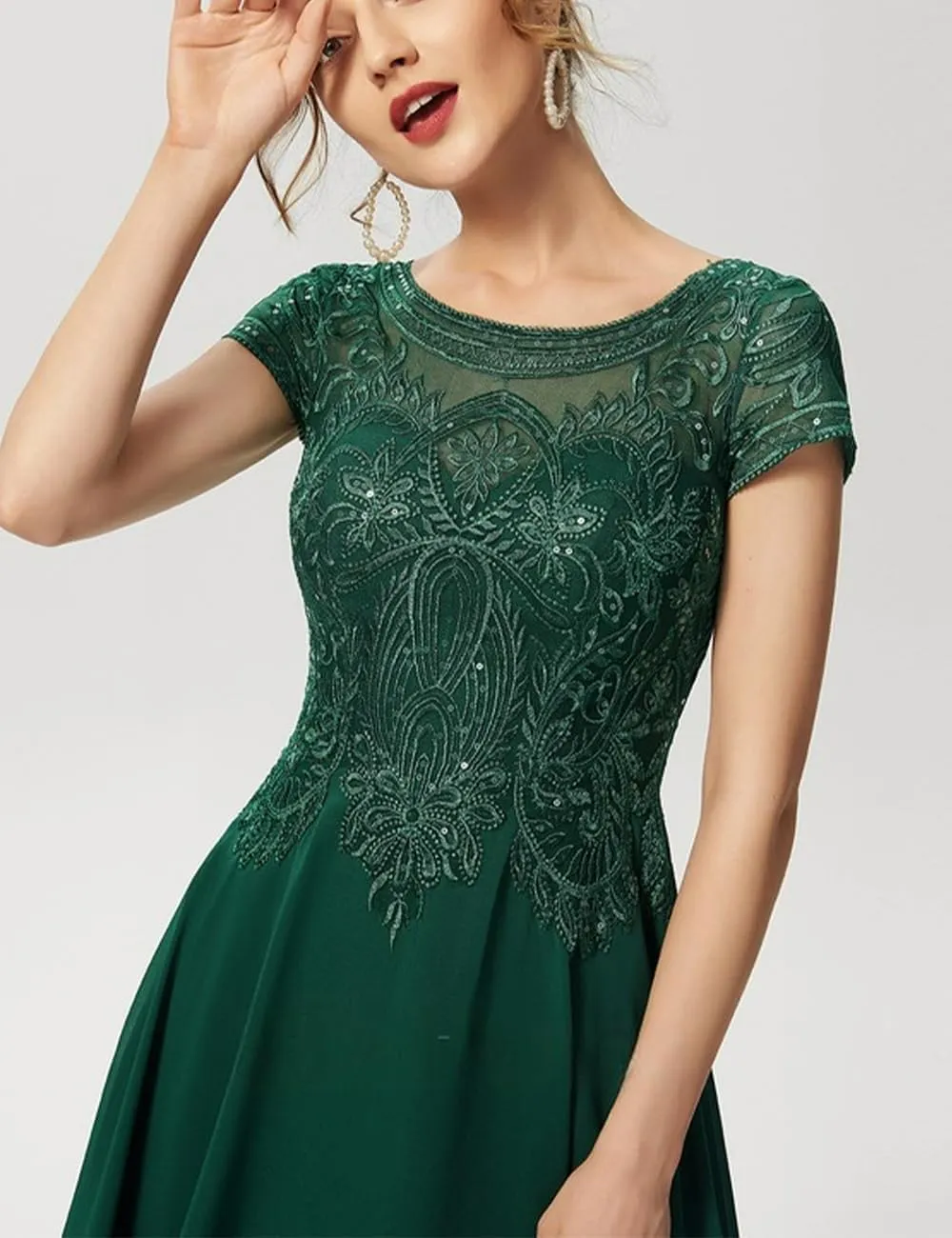 Mother of Bride Dresses Short Sleeve Lace Chiffon 2024 A-Line Scoop Formal Dress Knee-Length Cocktail Dress with Sequins RO63