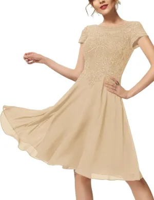 Mother of Bride Dresses Short Sleeve Lace Chiffon 2024 A-Line Scoop Formal Dress Knee-Length Cocktail Dress with Sequins RO63