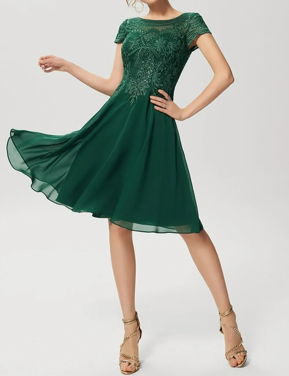 Mother of Bride Dresses Short Sleeve Lace Chiffon 2024 A-Line Scoop Formal Dress Knee-Length Cocktail Dress with Sequins RO63