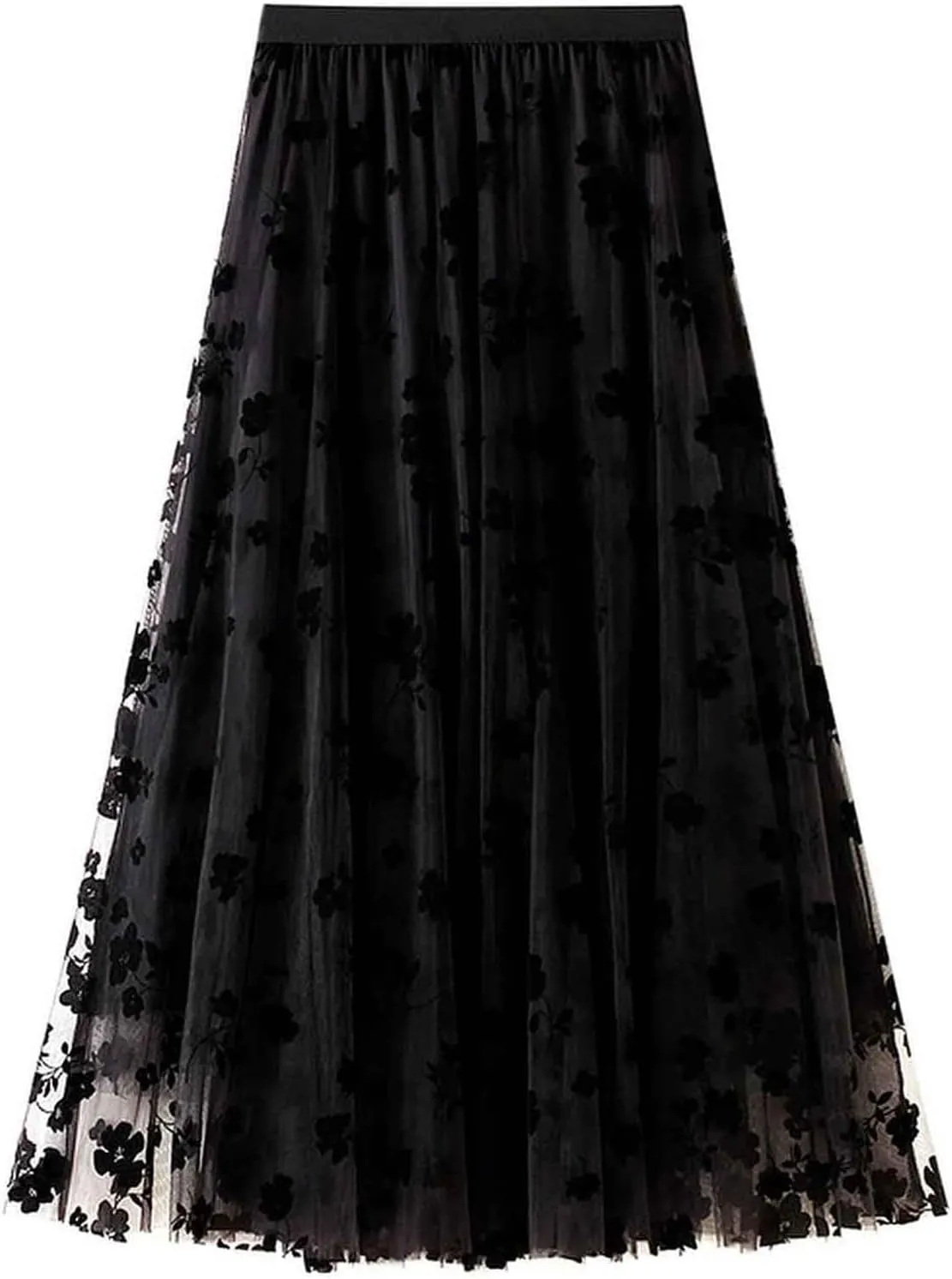 Mujer Women's Tutu Tulle Skirt Elastic High Waist Midi Pleated Skirt A-Line Black Flocking Flowers Layered Mesh Skirt Falda de tul