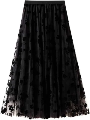 Mujer Women's Tutu Tulle Skirt Elastic High Waist Midi Pleated Skirt A-Line Black Flocking Flowers Layered Mesh Skirt Falda de tul