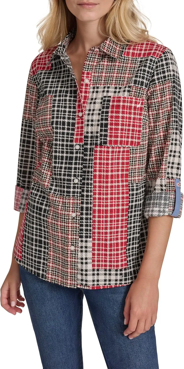 Nautica Women's Button Front Long Sleeve Roll Tab Shirt