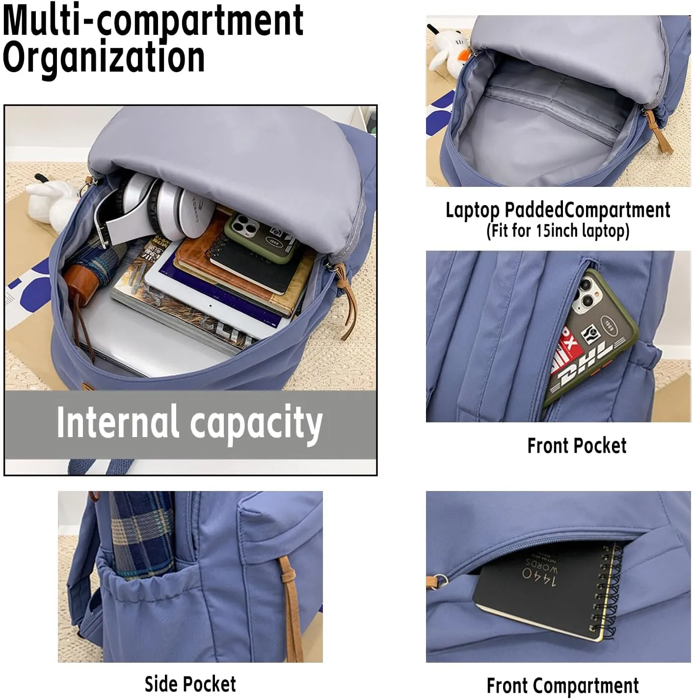Nylon Backpack for Women Men Cute Pendant Aesthetic Backpack Lightweight Bag 15 Inch Laptop Backpack Casual Backpack (Blue Pendant,Medium)