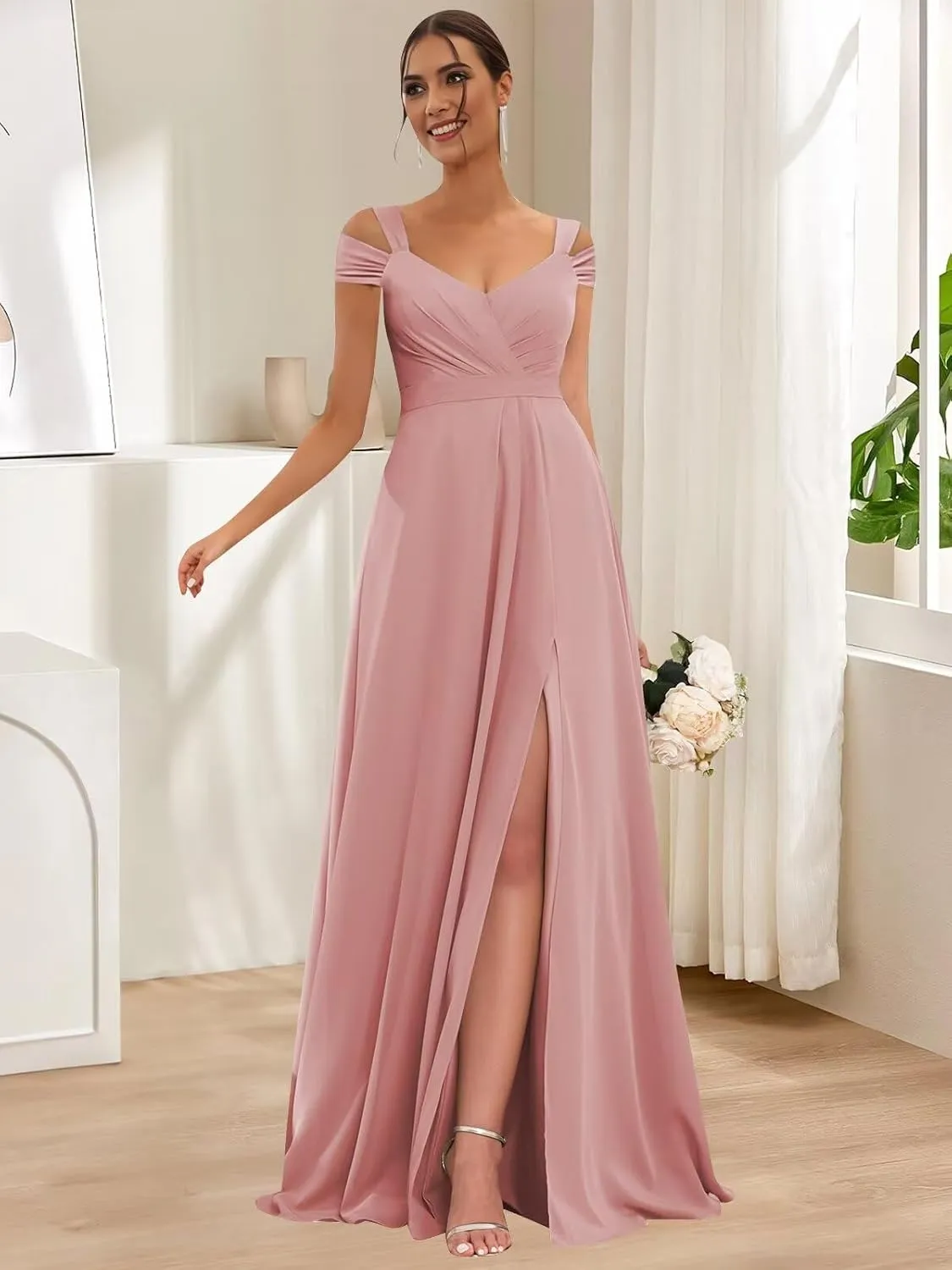 Off Shoulder Chiffon Bridesmaid Dresses for Women 2025 with Slit Long Ruched Wedding Guest Formal Prom Dress