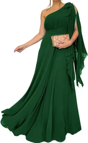 One Shoulder Country Bridesmaid Dresses Ruched Chiffon Prom Formal Evening Maxi Gowns with Slit EZ130