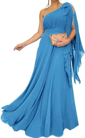 One Shoulder Country Bridesmaid Dresses Ruched Chiffon Prom Formal Evening Maxi Gowns with Slit EZ130
