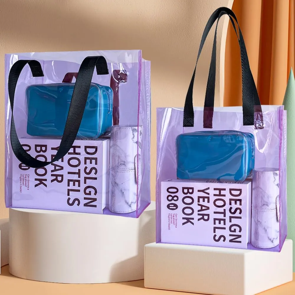 ONEART 2 Pcs Clear Tote Bag Iridescent Plastic Transparent Shoulder Bag for Shopping Holiday Picnic