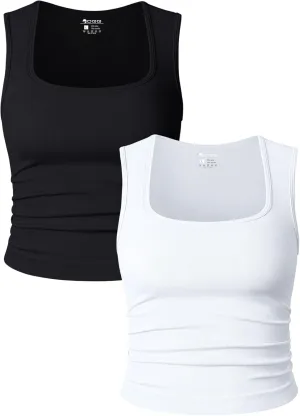OQQ Womens 2 Piece Crop Tops Rueched Sleeveless Square Neck Stretch Basic Tank Shirts