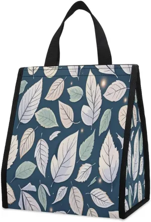 Outdoor Cooler Bags, White Leaf Pattern Printed Cooler Bag, Insulated Tote Bag, Grocery Tote Bag