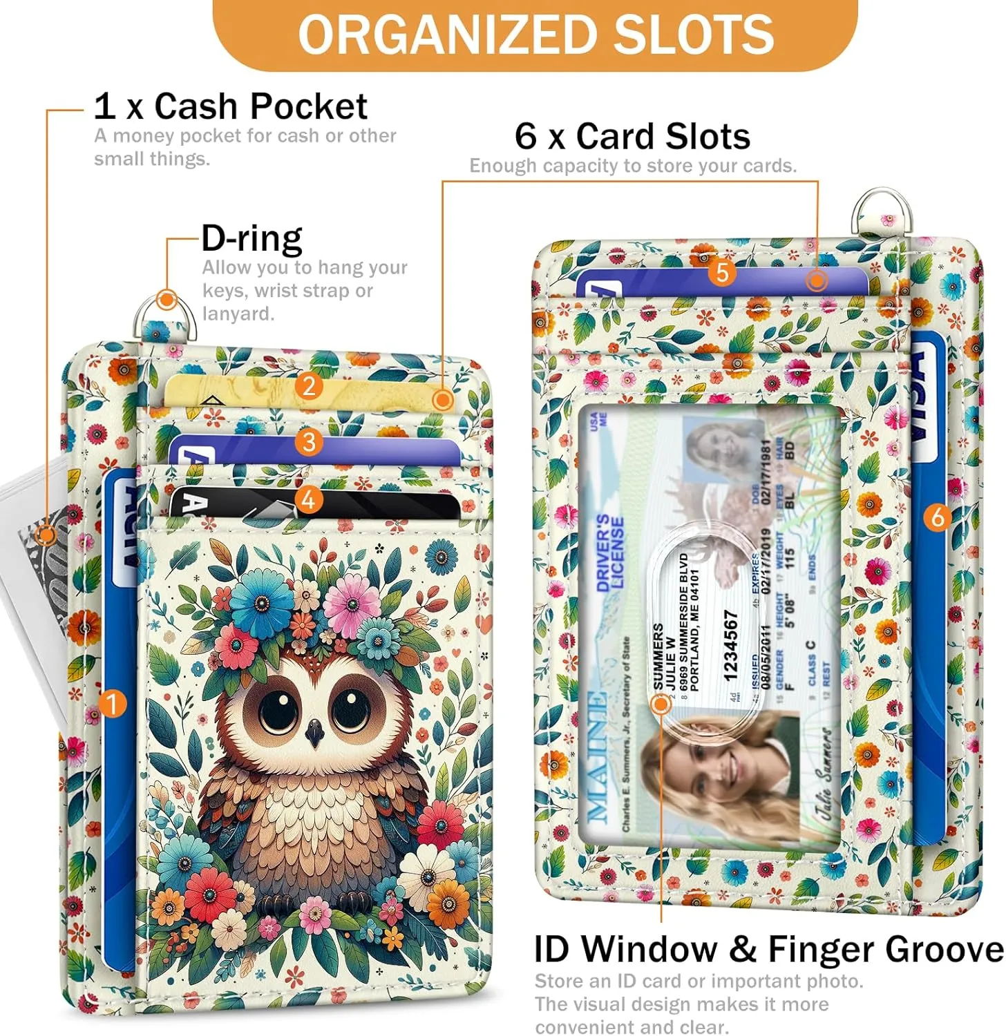 Owl Credit Card Holder Slim Wallet, RFID Wallet Women Front Pocket Wristlet Lanyard, Small Card Holder Travel Funny Cute Thin Card Case ID Window PU Leather Card Organizer Gifts Girls