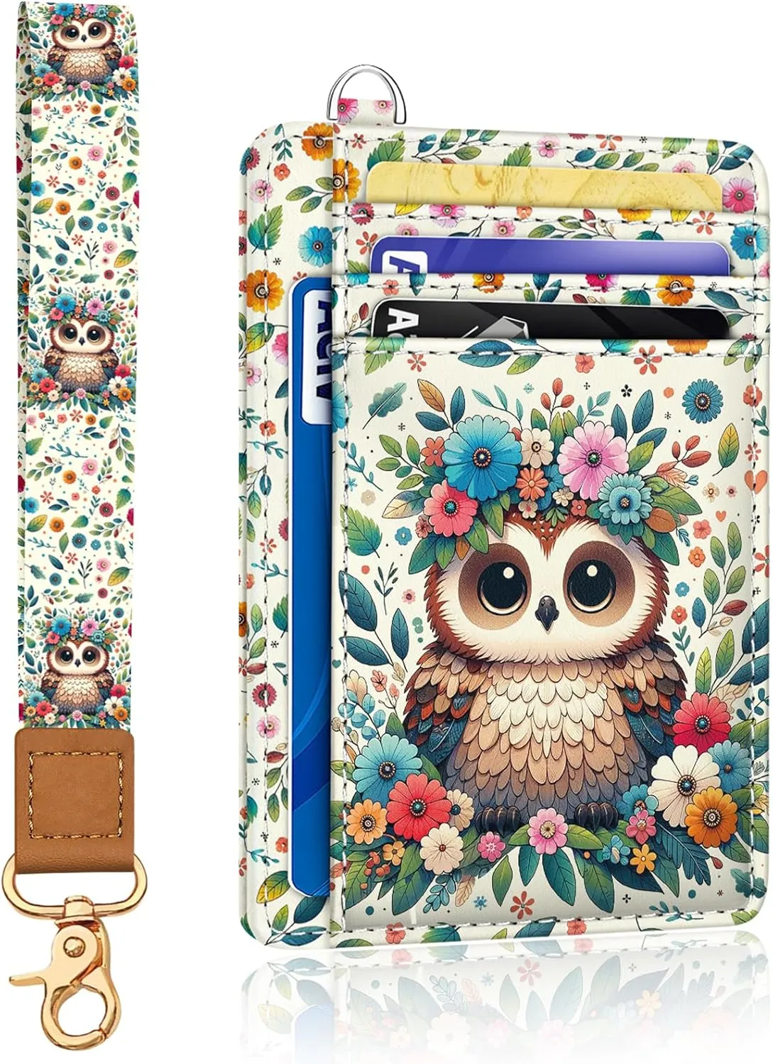 Owl Credit Card Holder Slim Wallet, RFID Wallet Women Front Pocket Wristlet Lanyard, Small Card Holder Travel Funny Cute Thin Card Case ID Window PU Leather Card Organizer Gifts Girls
