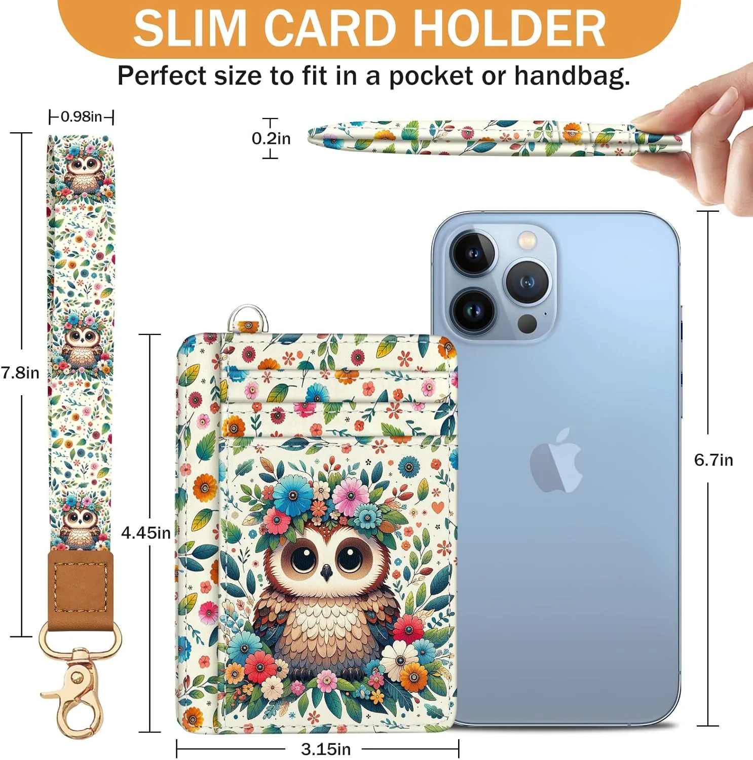Owl Credit Card Holder Slim Wallet, RFID Wallet Women Front Pocket Wristlet Lanyard, Small Card Holder Travel Funny Cute Thin Card Case ID Window PU Leather Card Organizer Gifts Girls