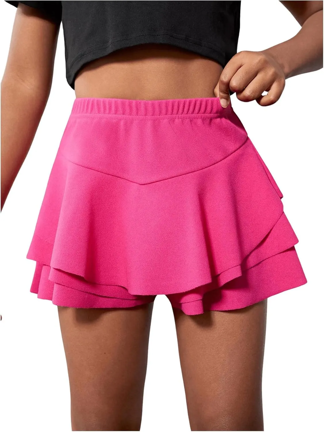 OYOANGLE Girl's Elastic Waist Ruffle Hem Tiered Skort Summer Beach Layered Solid Plain A Line Skirt