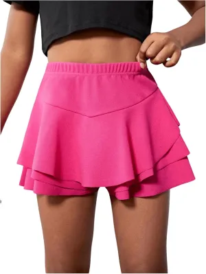OYOANGLE Girl's Elastic Waist Ruffle Hem Tiered Skort Summer Beach Layered Solid Plain A Line Skirt