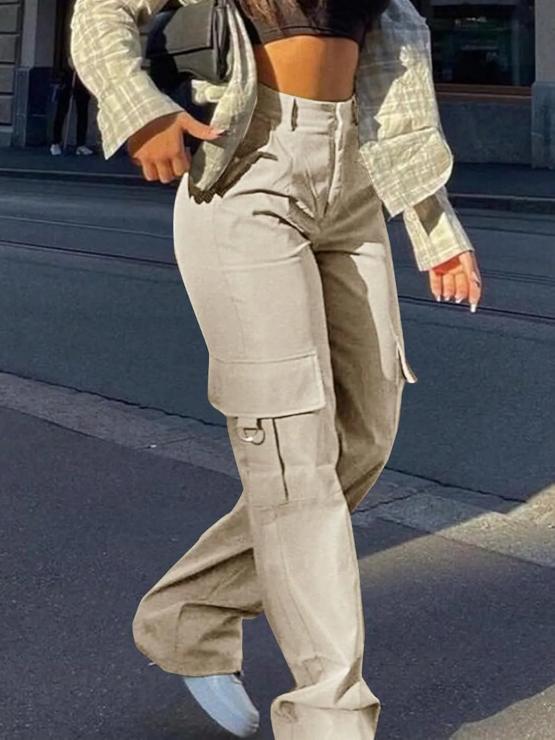 OYOANGLE Women's High Waist Flap Pocket Cargo Pants Casual Streetwear Wide Leg Pants