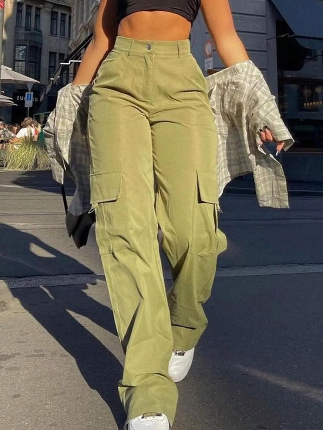 OYOANGLE Women's High Waist Flap Pocket Cargo Pants Casual Streetwear Wide Leg Pants