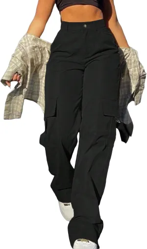 OYOANGLE Women's High Waist Flap Pocket Cargo Pants Casual Streetwear Wide Leg Pants