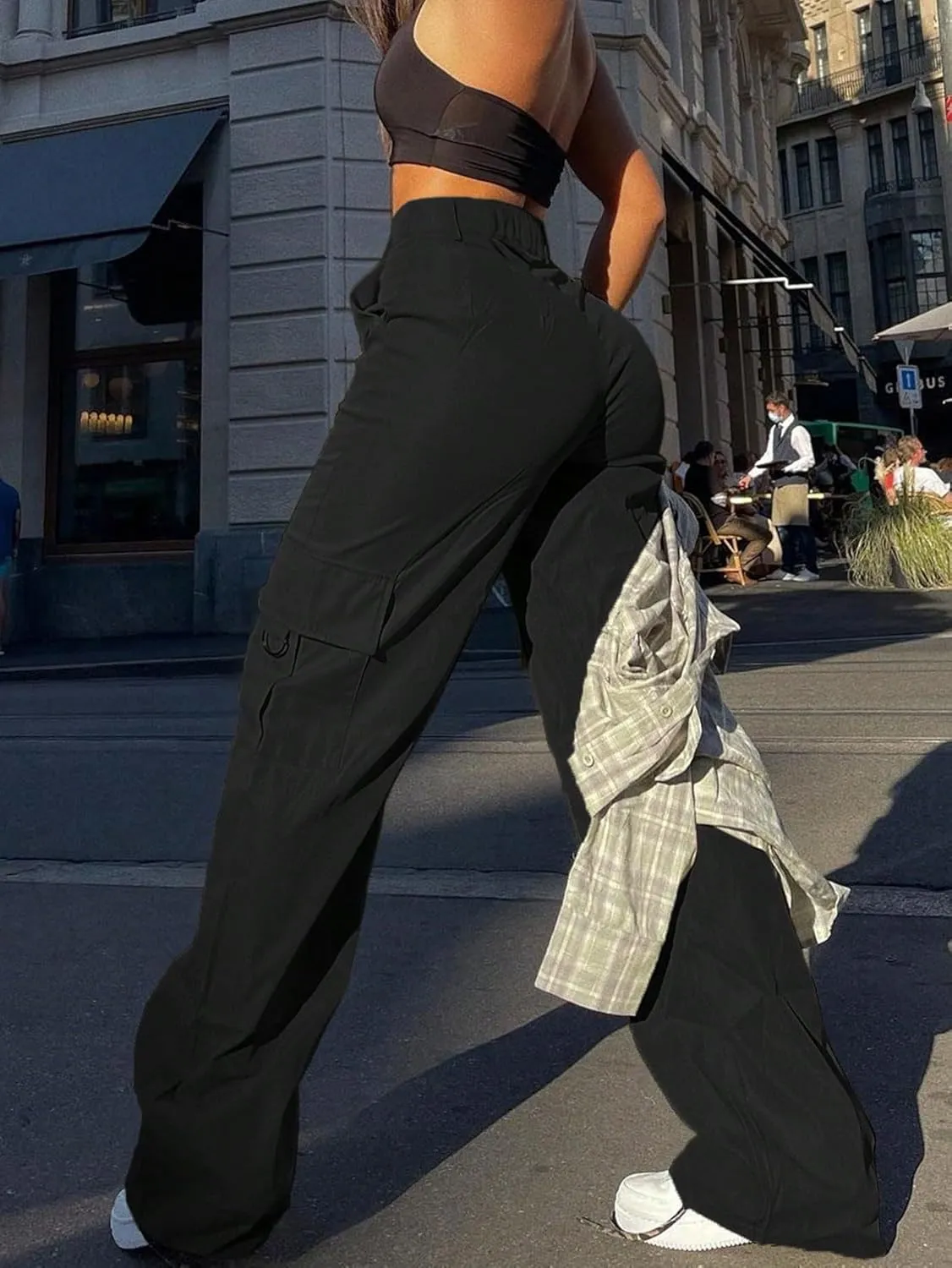 OYOANGLE Women's High Waist Flap Pocket Cargo Pants Casual Streetwear Wide Leg Pants