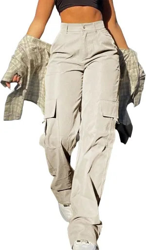 OYOANGLE Women's High Waist Flap Pocket Cargo Pants Casual Streetwear Wide Leg Pants