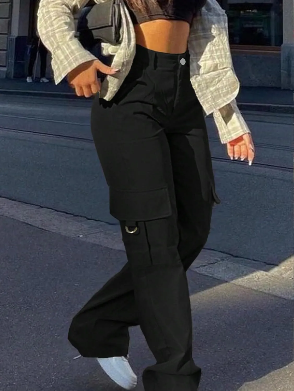 OYOANGLE Women's High Waist Flap Pocket Cargo Pants Casual Streetwear Wide Leg Pants