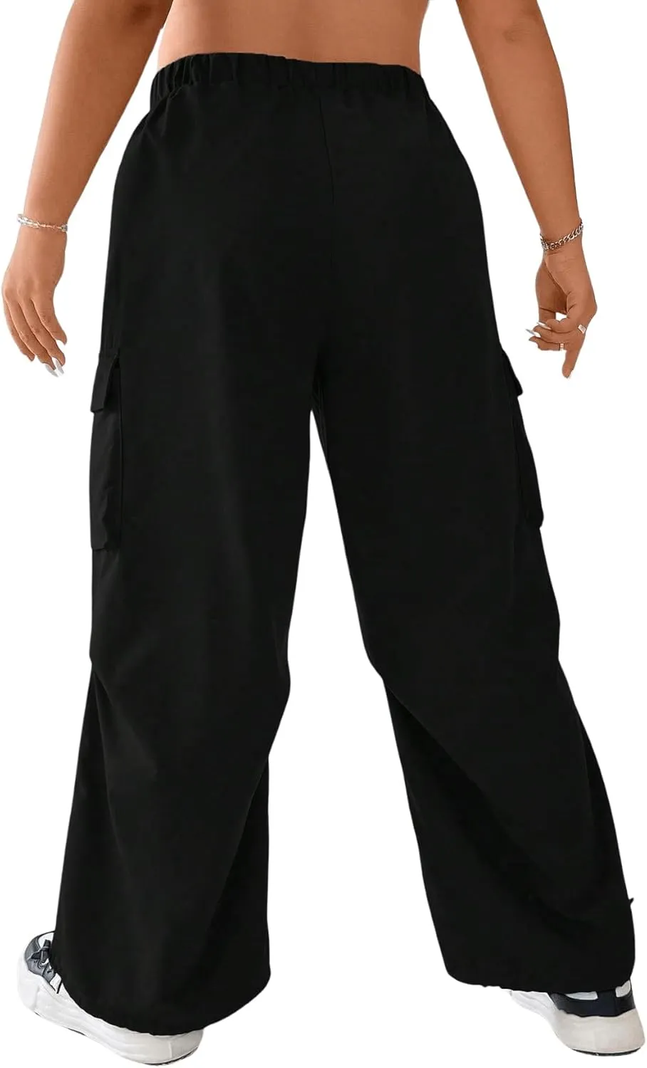 OYOANGLE Women's Plus Size Elastic High Waist Flap Pocket Cargo Pants Streetwear Loose Baggy Trousers with Pocket