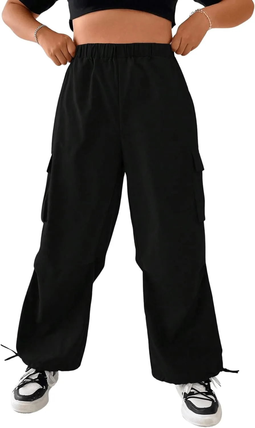 OYOANGLE Women's Plus Size Elastic High Waist Flap Pocket Cargo Pants Streetwear Loose Baggy Trousers with Pocket