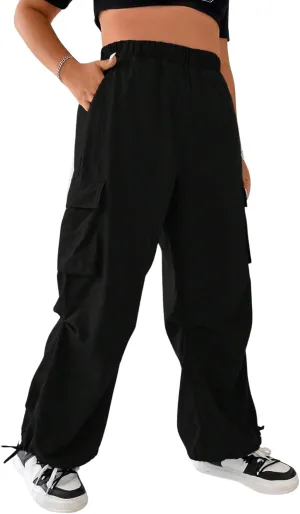 OYOANGLE Women's Plus Size Elastic High Waist Flap Pocket Cargo Pants Streetwear Loose Baggy Trousers with Pocket