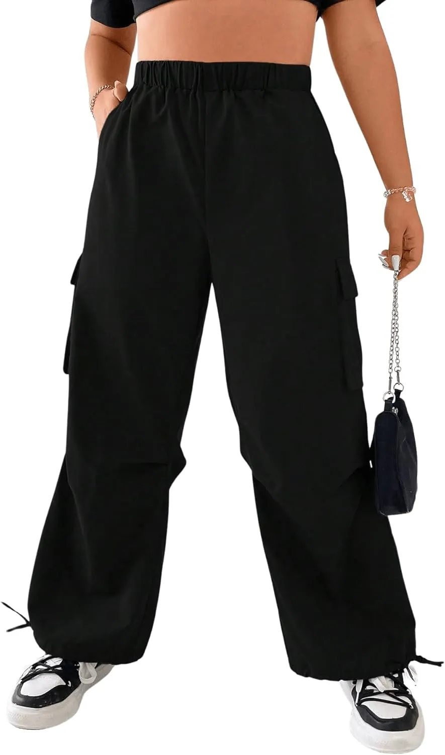 OYOANGLE Women's Plus Size Elastic High Waist Flap Pocket Cargo Pants Streetwear Loose Baggy Trousers with Pocket