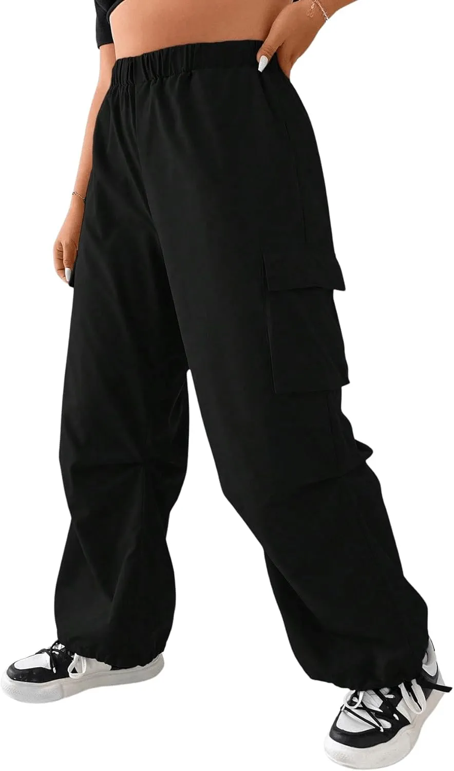 OYOANGLE Women's Plus Size Elastic High Waist Flap Pocket Cargo Pants Streetwear Loose Baggy Trousers with Pocket