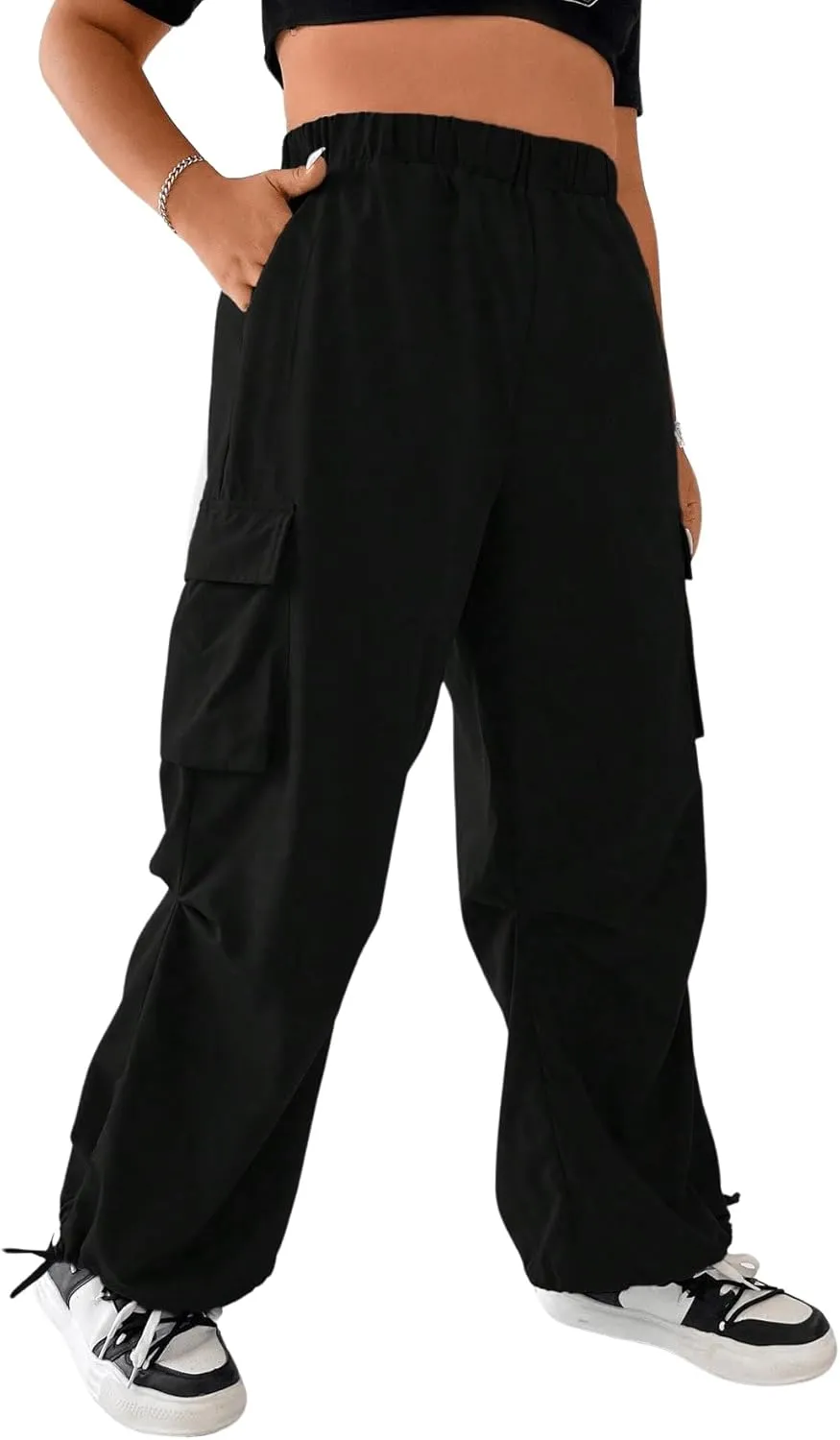 OYOANGLE Women's Plus Size Elastic High Waist Flap Pocket Cargo Pants Streetwear Loose Baggy Trousers with Pocket