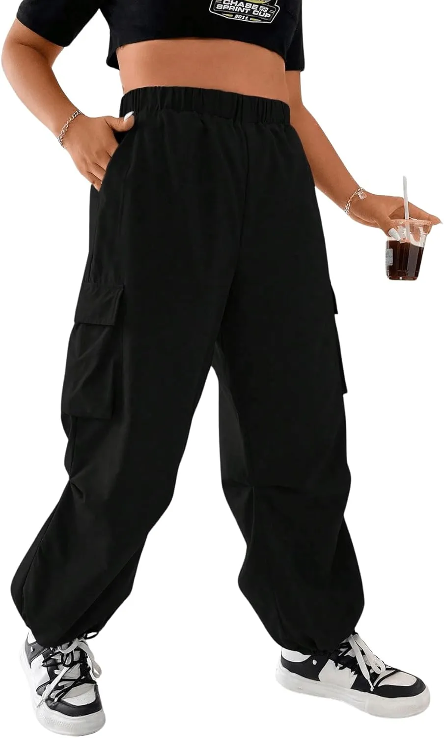 OYOANGLE Women's Plus Size Elastic High Waist Flap Pocket Cargo Pants Streetwear Loose Baggy Trousers with Pocket