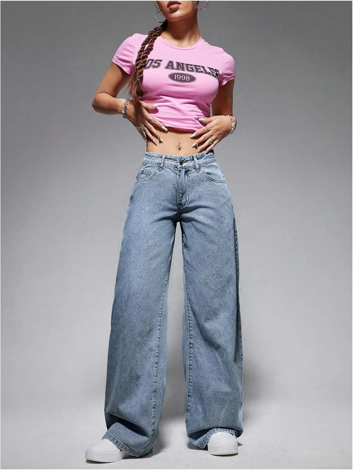 OYOANGLE Women's Zipper Fly Wide Leg Jeans Y2k Baggy Casual Denim Pants with Pockets