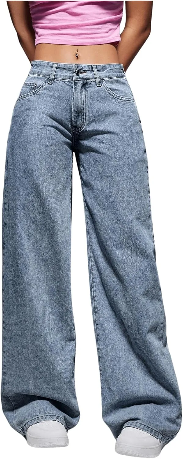 OYOANGLE Women's Zipper Fly Wide Leg Jeans Y2k Baggy Casual Denim Pants with Pockets