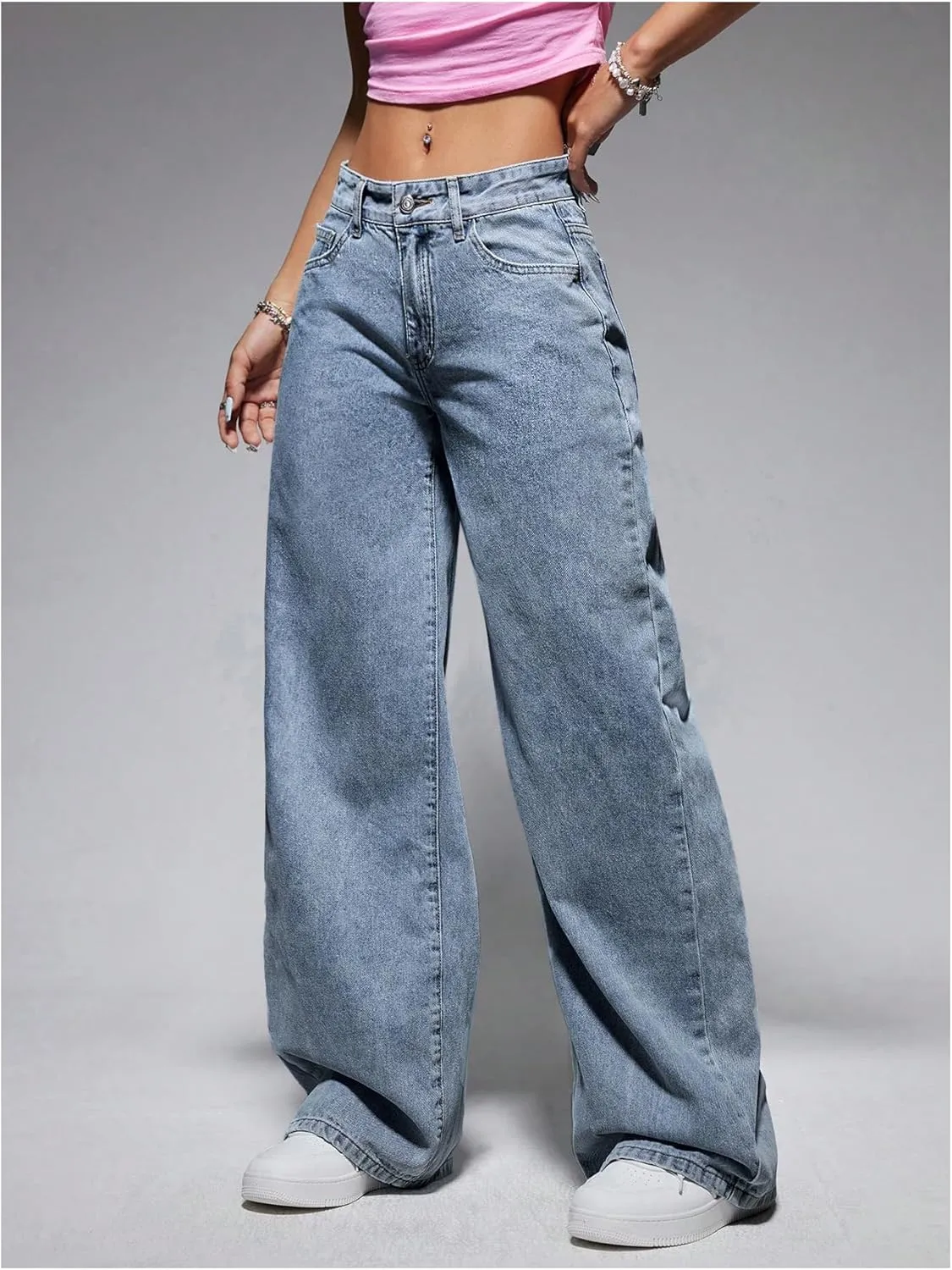 OYOANGLE Women's Zipper Fly Wide Leg Jeans Y2k Baggy Casual Denim Pants with Pockets