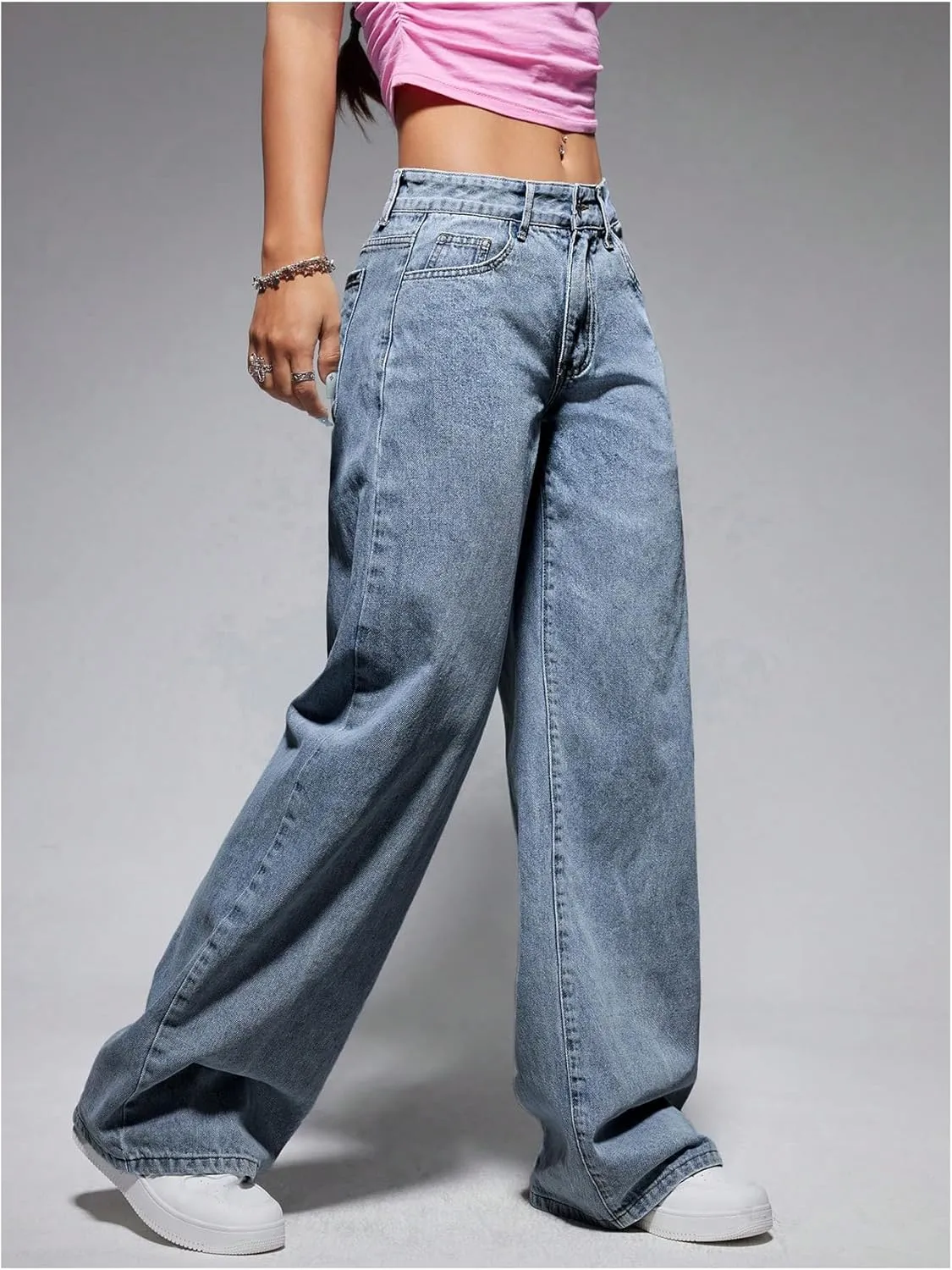 OYOANGLE Women's Zipper Fly Wide Leg Jeans Y2k Baggy Casual Denim Pants with Pockets