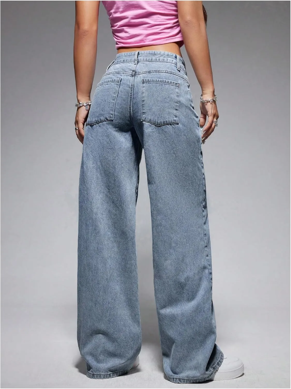 OYOANGLE Women's Zipper Fly Wide Leg Jeans Y2k Baggy Casual Denim Pants with Pockets