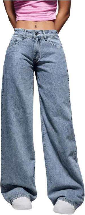 OYOANGLE Women's Zipper Fly Wide Leg Jeans Y2k Baggy Casual Denim Pants with Pockets