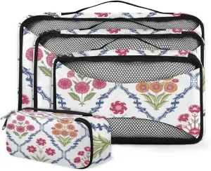 Packing Cubes 4 Pack Red Flowers Geometric Pattern Travel Packing Bags Individual Carry on Suitcases Underwear Luggage Mesh Organizer Packing Cubes Set for Travel Bag Backpack