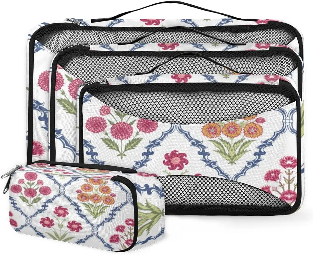 Packing Cubes 4 Pack Red Flowers Geometric Pattern Travel Packing Bags Individual Carry on Suitcases Underwear Luggage Mesh Organizer Packing Cubes Set for Travel Bag Backpack