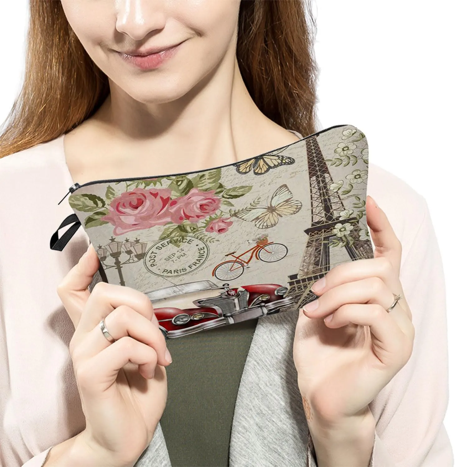 Paris Eiffel Tower Makeup Bag Cute Small Makeup Organizer Travel Toiletry Zipper Pouch Birthday Christmas Souvenir Gift Eiffel Tower Vintage Cosmetic Bag for Women Friends
