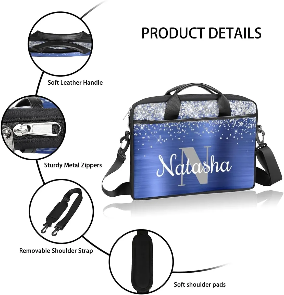 Personalized Glitter Laptop Bag Case Briefcases for Women, Custom Gift Computer Cases for Laptops, Tablet Shoulder Bag