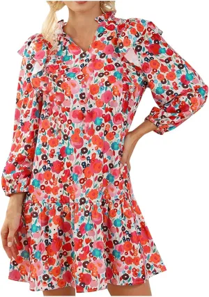 Pink Floral Dress for Women Long Sleeve Ruffle Collar Cuffs Mini Casual Boho Dress Summer Fall Commuting Daliywear