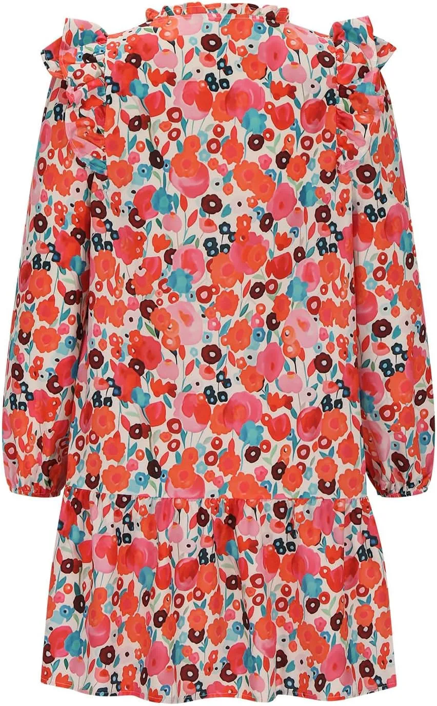 Pink Floral Dress for Women Long Sleeve Ruffle Collar Cuffs Mini Casual Boho Dress Summer Fall Commuting Daliywear