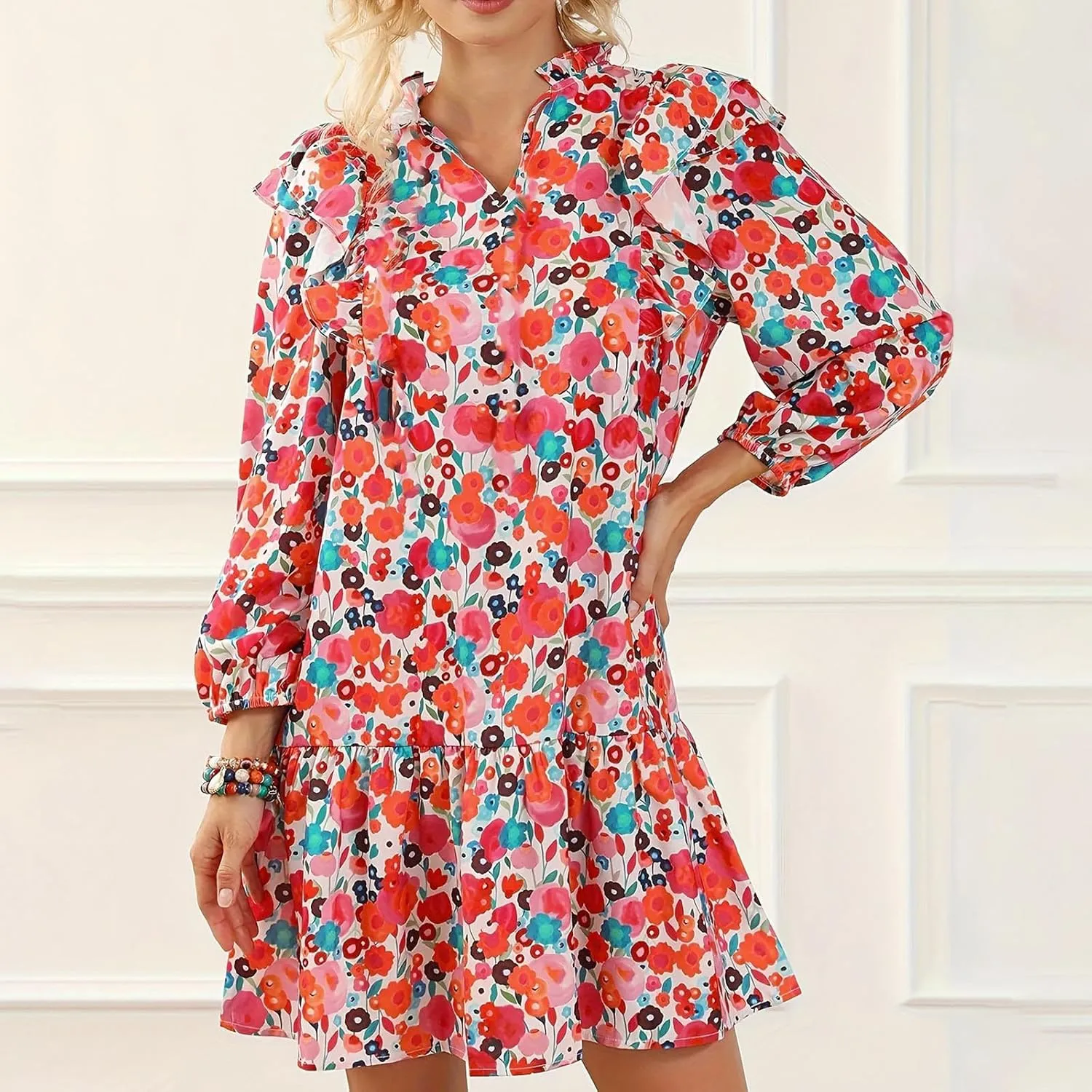 Pink Floral Dress for Women Long Sleeve Ruffle Collar Cuffs Mini Casual Boho Dress Summer Fall Commuting Daliywear