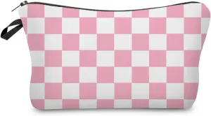 Pink White Plaid Makeup Bag Cute Small Organizer Zipper Pouch Pink White Checkered Cosmetic Bag Present for Women Friends Sisters