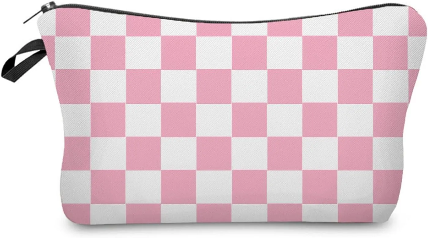 Pink White Plaid Makeup Bag Cute Small Organizer Zipper Pouch Pink White Checkered Cosmetic Bag Present for Women Friends Sisters